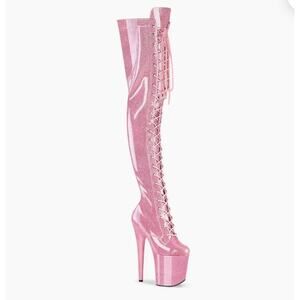Pleaser Shoes USA Thigh High Pink Sparkle Boots with 8” Heel, Lace-Up Front